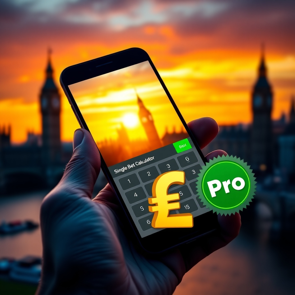 A hand holding a high-end smartphone displaying a professional Single Bet Calculator app with a clean white and green interface, background is the London skyline with the Big Ben and Westminster at sunset, 3D golden British Pound symbols (£) and green pro
